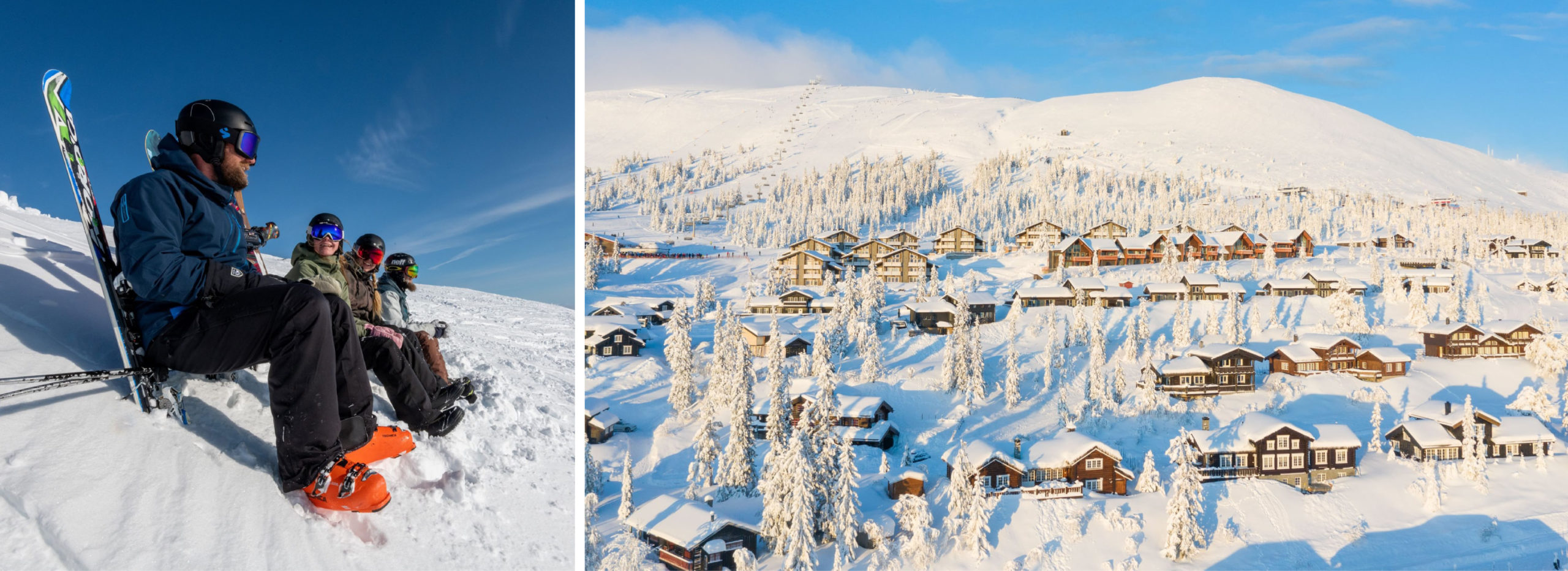 Picture from Trysil: people in the ski slopes and cabins/apartments for rent.