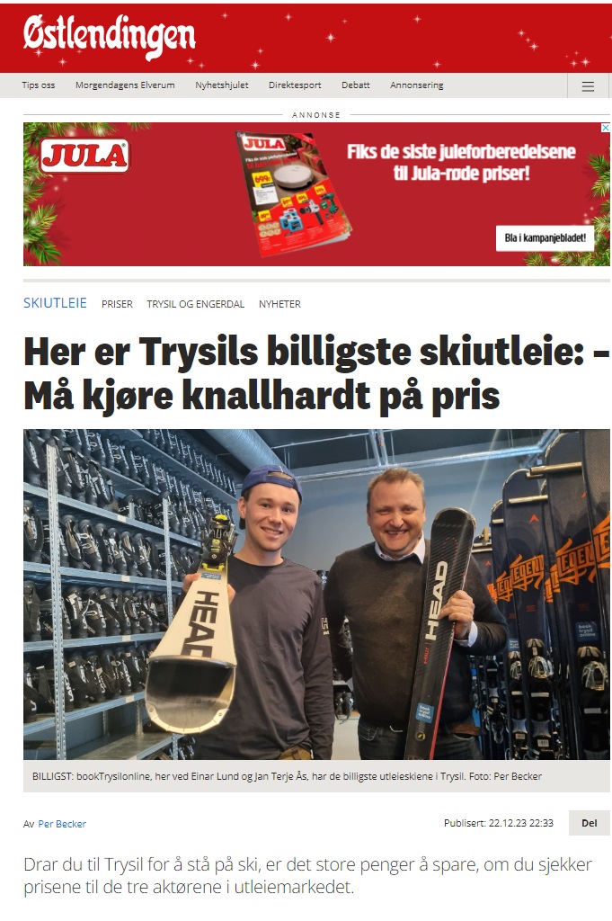 Facsímile of Østlendingen's price check on December 22, 2023, for ski rentals in Trysil